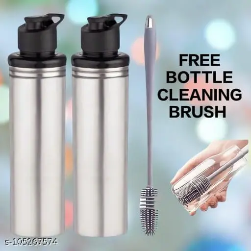 ( BRUSH+SPORTS )) Stainless Steel Sports Water Bottles |Steel bottel | Sports bottle| Office bottle | Single Wall BPA Free & Leak Proof Cap and Steel Bottle silver, Steel fridge Bottle, Water Bottle Approx 900ml(1 litre) With 1 Cleaning Brush, Pack of 2